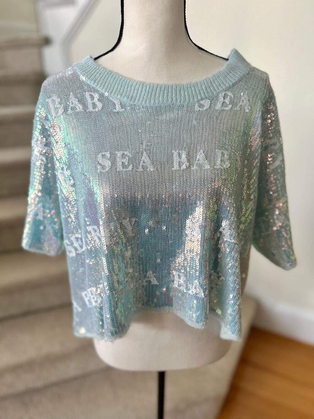 Wildfox Sea Baby Light Blue Sequin Cropped Sweater Mermaid Boho Beach Resort